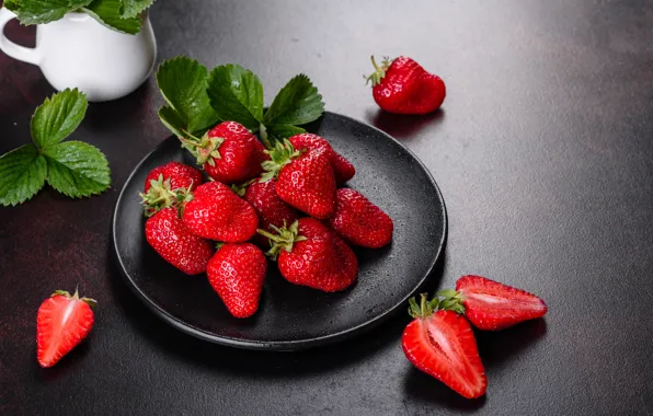 Leaves, berries, strawberry, plate