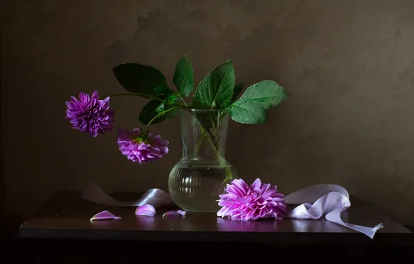 Leaves, flowers, table, bouquet, petals, tape, vase, pink