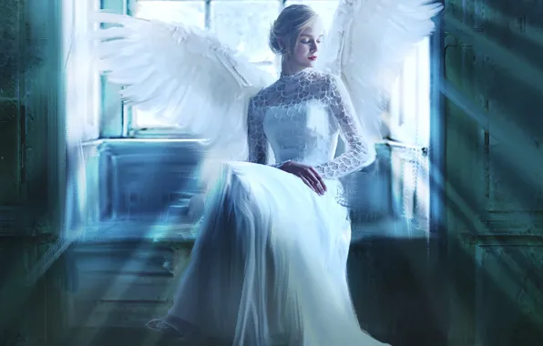 Girl, rays, light, pose, room, wings, angel, picture