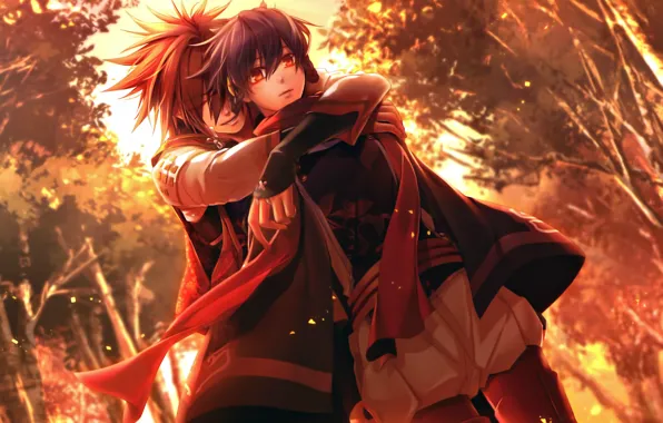 Picture trees, scarf, costume, two, art, hug, visual novel, miko