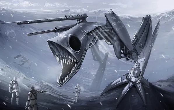 Picture snow, robot, monster, art, mouth, soldiers, fangs, Jon Bethea