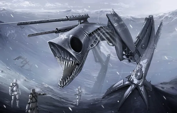 Picture snow, robot, monster, art, soldiers, mouth, fangs, Jon Bethea