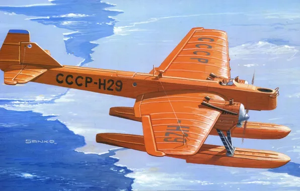 Picture water, figure, art, ice, the plane, chassis, Soviet, twin-engine