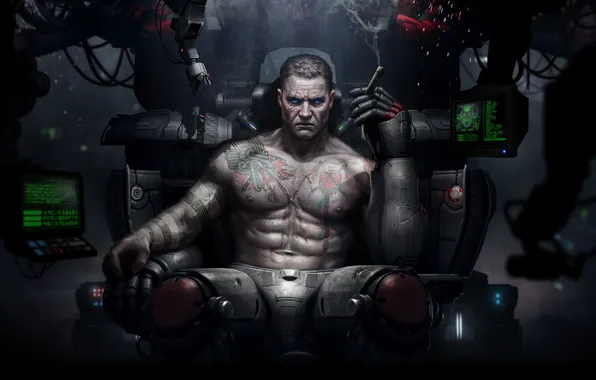 Look, fiction, chair, art, cigar, male, cyborg, torso