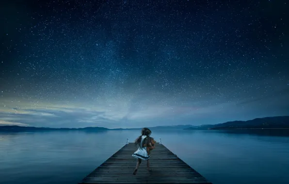 Picture toy, pier, girl, starry sky