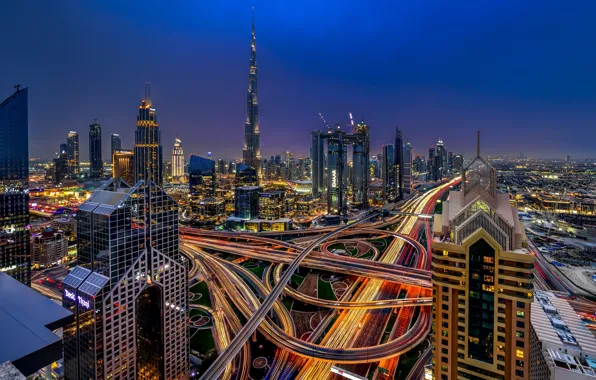 The sky, night, the city, lights, blue, view, building, tower