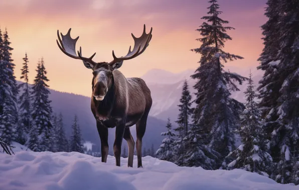 Picture winter, forest, snow, nature, the evening, moose, AI art, neural network