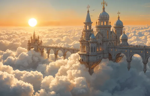 The sky, the sun, clouds, light, bridge, fog, castle, dawn