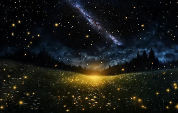 Forest, space, stars, landscape, night, nature, fireflies, the universe