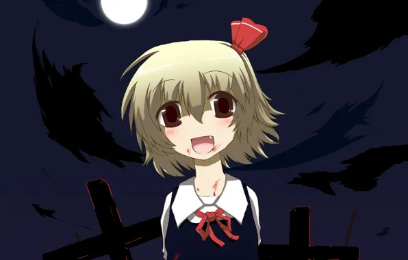 The full moon, baby, rumia, dark night, touhou project, blood on the face, by Nejime