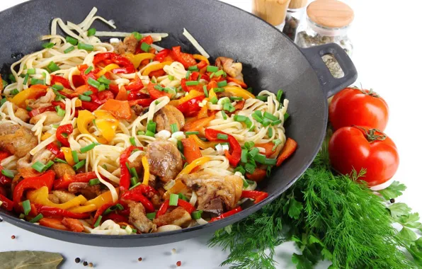 Mushrooms, dill, vegetables, tomatoes, noodles