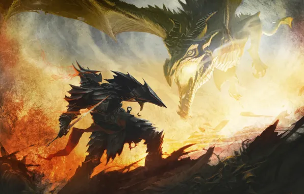 Fire, dragon, art, the battle, the elder scrolls, skyrim, Skyrim, Daedric armor