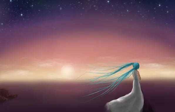 The sky, girl, stars, sunset, the wind, hair, rainbow, dress