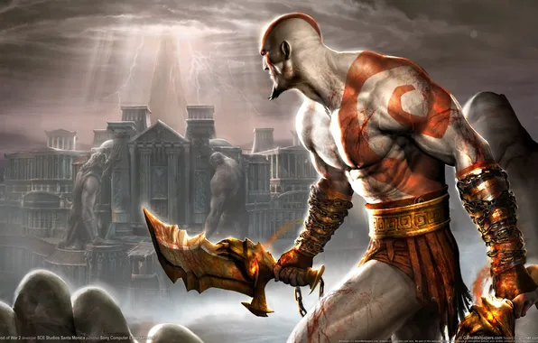 Blood, building, Greece, columns, blood, swords, God of war 2, Kratos