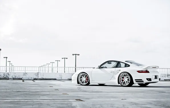 Picture white, 997, Porsche, Parking, white, Porsche, Turbo, the rear part