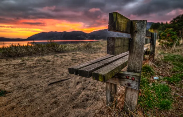 Picture grass, macro, sunset, bench, lake, hills, treatment, shop