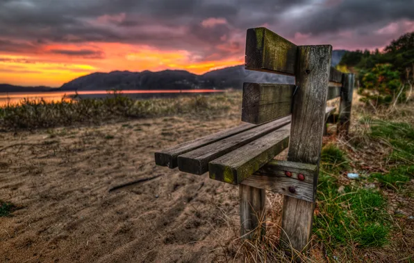 Grass, macro, sunset, bench, lake, hills, treatment, shop