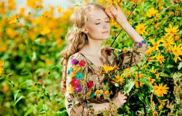 Picture summer, the sun, flowers, pose, makeup, garden, dress, hairstyle