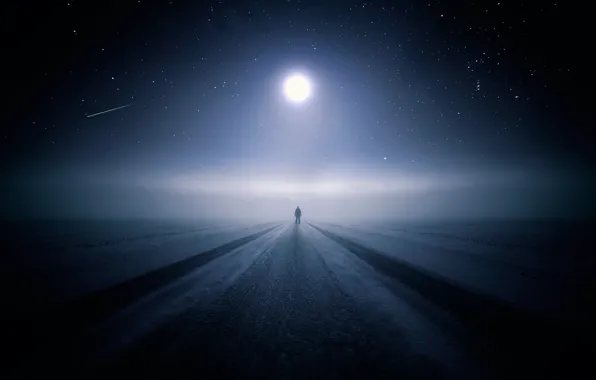 Winter, road, night, the moon, people, stars