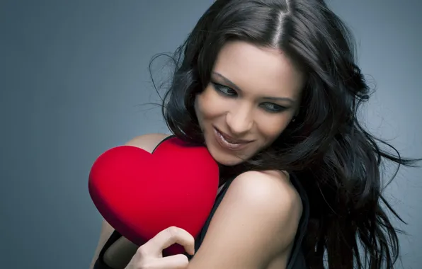 Picture girl, smile, background, red, makeup, brunette, hairstyle, heart