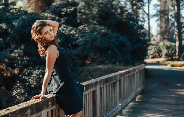 Picture summer, look, girl, bridge, nature, pose, dress, brunette