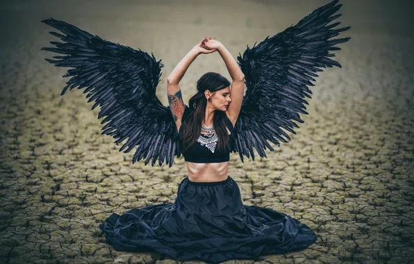 Girl, cracked, pose, earth, woman, wings, angel, hands