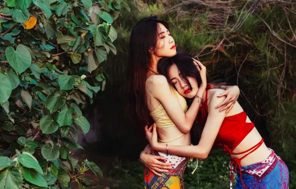 Background, girls, pair, Asian girls, hug