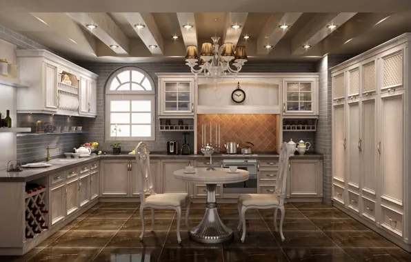 Design, table, chairs, interior, the ceiling, kitchen, chandelier