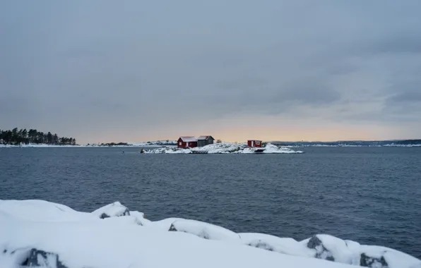 Sea, winter, snow, houses, horizon, lighthouse, islet