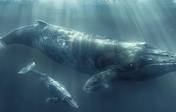 Kit, cub, two, underwater world, digital art, AI art, The Art of Artificial Intelligence, neural …