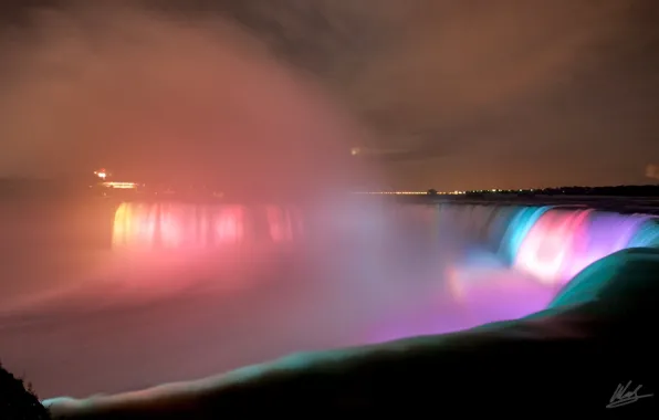 Water, Lights, Night, The city, Backlight, Niagara falls