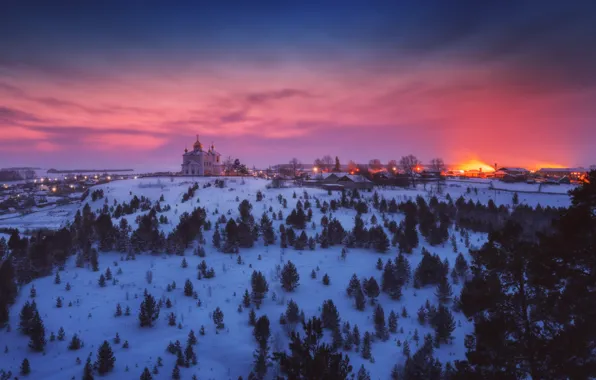 Picture winter, snow, landscape, sunset, nature, village, Church, Ural