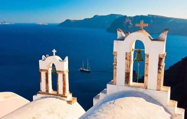 Islands, yacht, Santorini, Greece, bell, Santorini, Oia, Greece