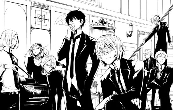 Room, figure, piano, window, glasses, cigarette, costume, ladder