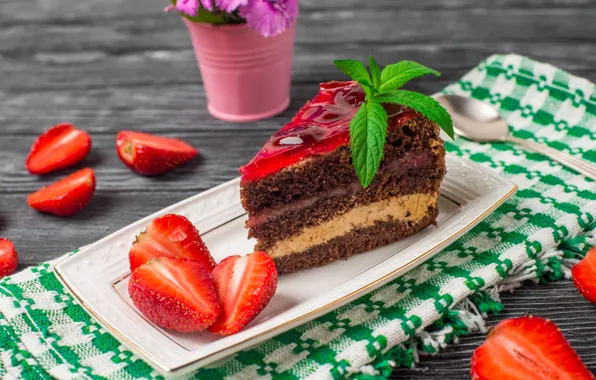 Picture chocolate, strawberry, cake, mint, cream, jelly