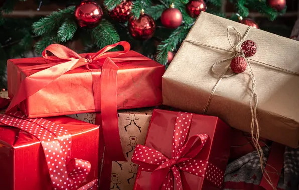 Balls, tape, Christmas, gifts, red, New year, tree, bows