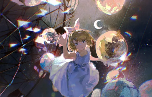 Girl, balls, reflection, Vocaloid, wheel review, Crescent, Kagamine Rin, Saclia