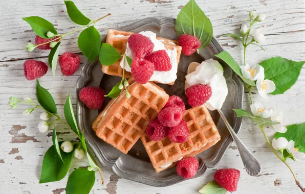Wallpaper leaves, berries, raspberry, waffles