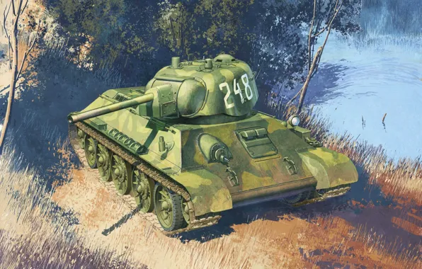 Picture art, tank, USSR, WWII, T-34-76, WW2., thirty-four, 1942.