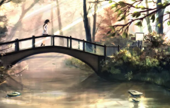 Picture autumn, girl, the sun, bridge, river, art, kikivi