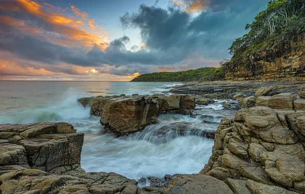 Sea, trees, clouds, stones, coast, Australia, Queensland
