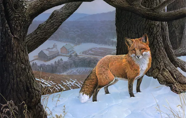Winter, field, forest, snow, house, Fox, red, painting
