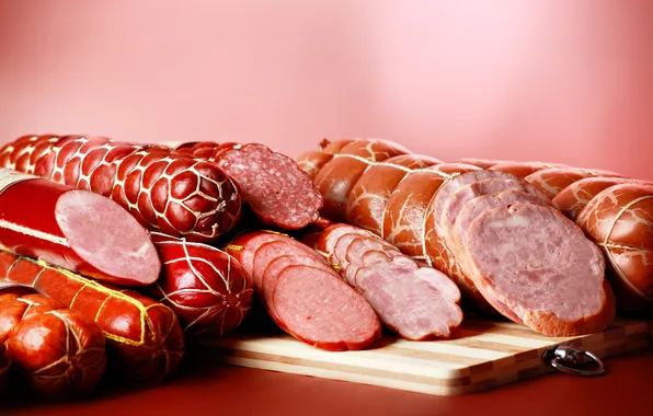 The cut, meat, a lot, sausage, delicious, on the table, cutting, delicious