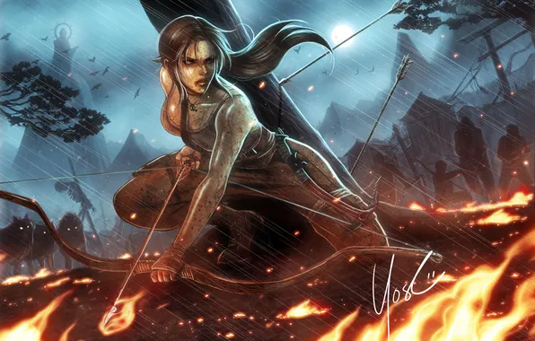Picture fire, flame, shelter, bow, art, arrow, Lara Croft, Tomb raider