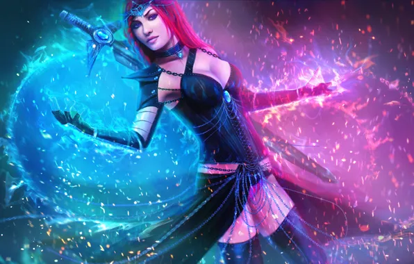 Girl, magic, glow, sword, dress, red