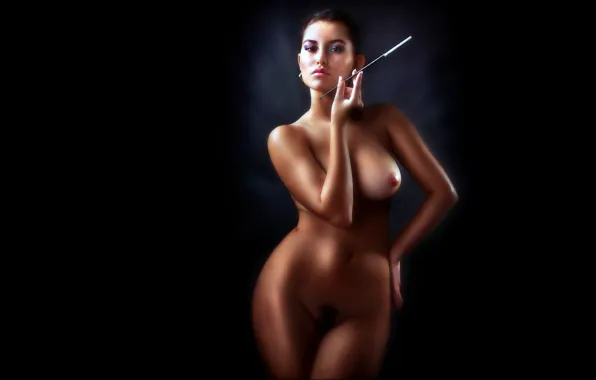 Girl, Chest, Girl, Nude, The dark background, Nude, Cigarette, Cigarette