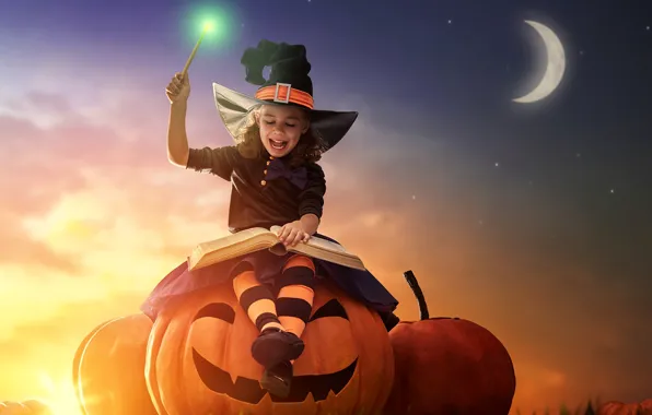 Picture the sky, magic, the moon, hat, girl, pumpkin, Halloween, book
