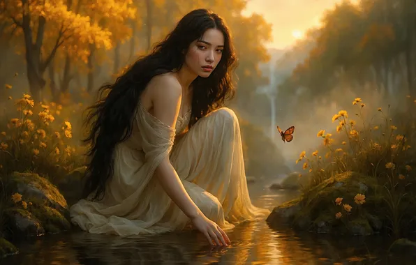 Picture forest, look, girl, rays, light, trees, flowers, branches