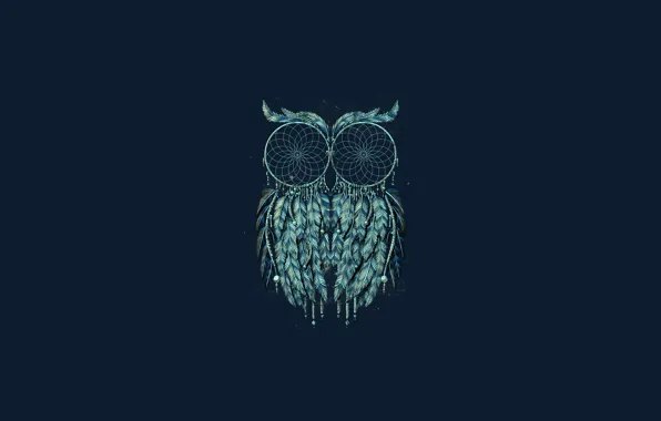Picture owl, minimalism, blue background, owl, Dreamcatcher, dreamcatcher