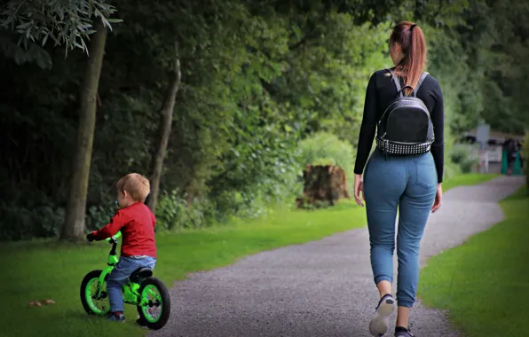 Bike, child, kid, mom, bycicle, sexy mom